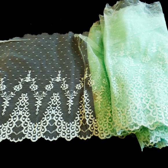 Stretch Embroidery Lace Trim aqua 10.5" wide Scalloped Filet 9.72 yards - Picture 2 of 6